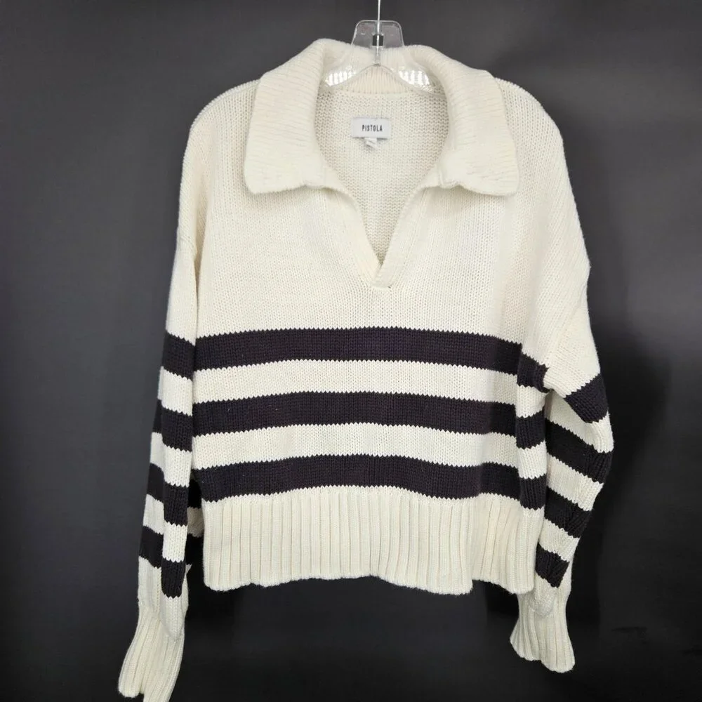 Pistola Sweater Womens XL Midnight Cream Stripe Collared Knit Pullover Academia - Picture 1 of 10